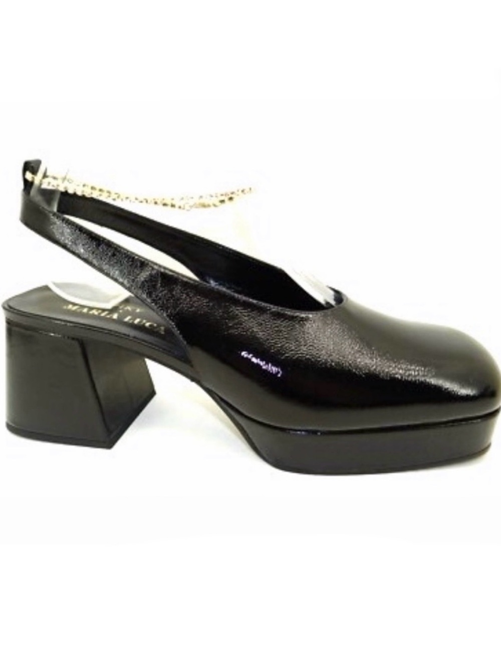 Maria Luca Black Patent Slingback Block Heels with Gold Chain